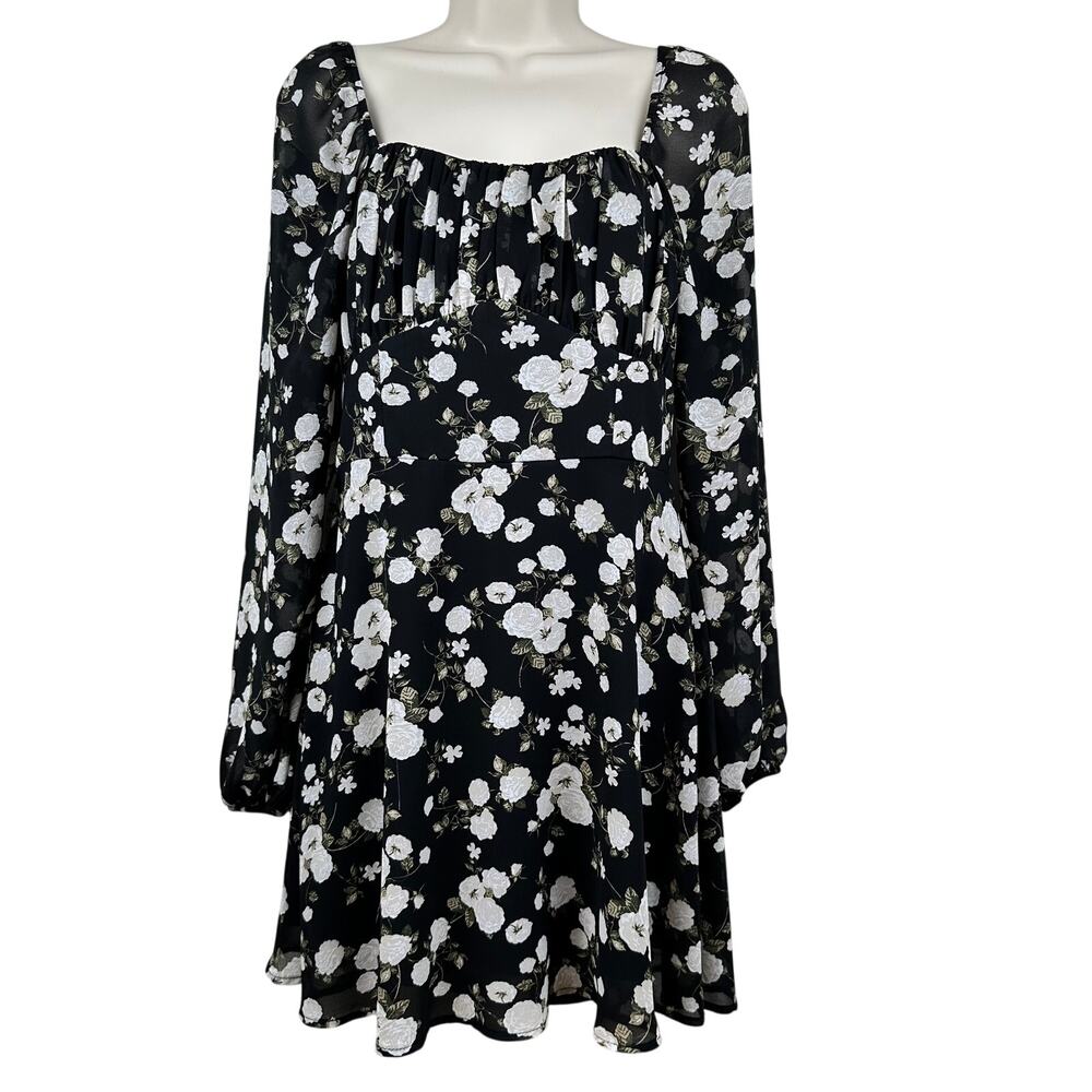 Altar'd State Floral Babydoll Dress Milkmaid Mini Long Sleeve Black Med Fairy